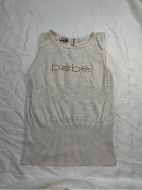 bebe Ivory Knit Sleeveless Top with Gold Logo